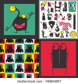 Set of cute monsters. Paper stickers with humanoids for different use. seamless pattern