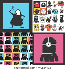 Set of cute monsters. Paper stickers with humanoids for different use. seamless pattern