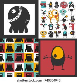 Set of cute monsters. Paper stickers with humanoids for different use. seamless pattern