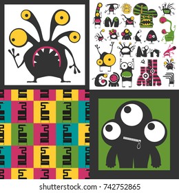 Set of cute monsters. Paper stickers with humanoids for different use. seamless pattern