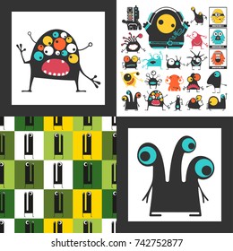 Set of cute monsters. Paper stickers with humanoids for different use. seamless pattern