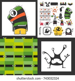 Set of cute monsters. Paper stickers with humanoids for different use. seamless pattern