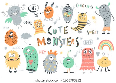 Set of cute monsters, phrases, objects. Vector cartoon characters. 