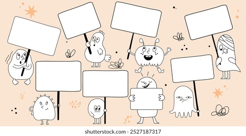 Set of cute monsters with text box, funny monochrome creatures, different emotions and poses, place for text, vector illustration, character with empty board