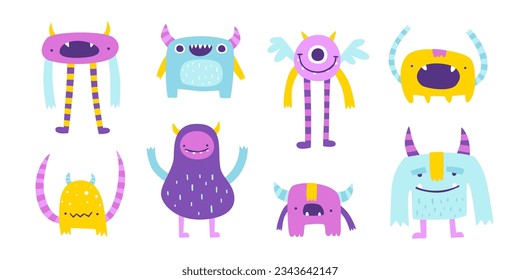 Un conjunto de monstruos adorables. Colección de vectores de bestias amigables para los niños. Los monstruos de doodles brillantes se reúnen para bebés.