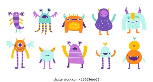 Set of cute monsters. Vector collection of funny beasts for kids. Bright doodle monsters bundle for babies.