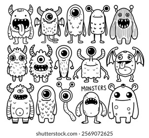 Set of cute monsters. Vector illustration. Coloring book for children. Funny line hand drawn. Bundle of decorative design elements. Character design for posters, cards, magazins. Line.