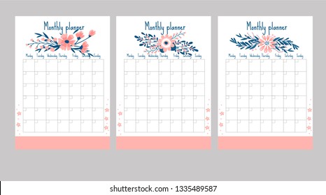 Set of Cute Monthly Planner with flowers, to do list, notes, printable, vector