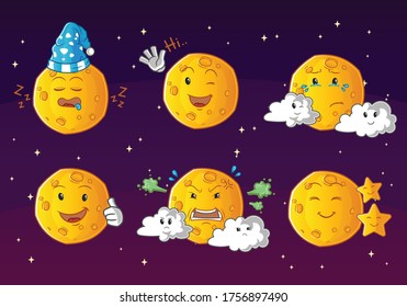 set of cute moon cartoon. mascot vector illustration