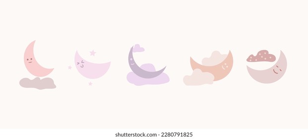set of cute moon vector illustration and aesthetic, simple, abstract. pastel moon combination star and clouds for decoration room