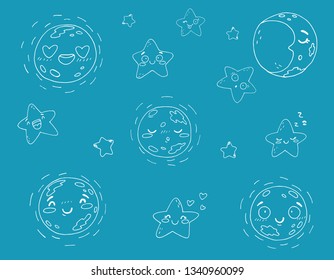 Set of cute moons and stars on blue background.