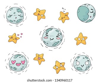 Set of cute moons and stars on white background.