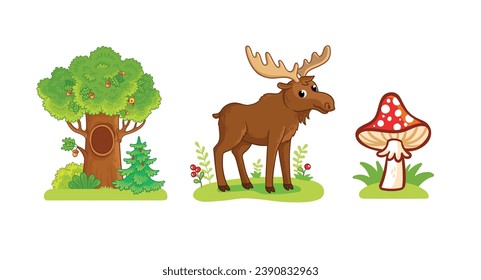 Set of cute moose character, forest, mushroom.  Wild animal and their homes, favorite food in cartoon style. Children design vector element for activity books.