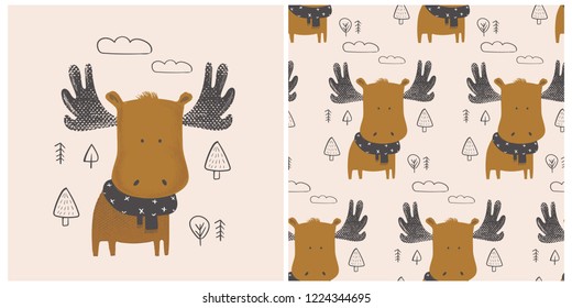 Set. Cute moose in forest pattern. Hand drawn vector illustration.