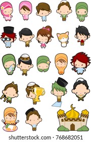 A set of cute moslem characters in various activities