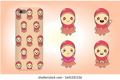 Set of cute moslem girl hijab pattern with phone case mockup vector