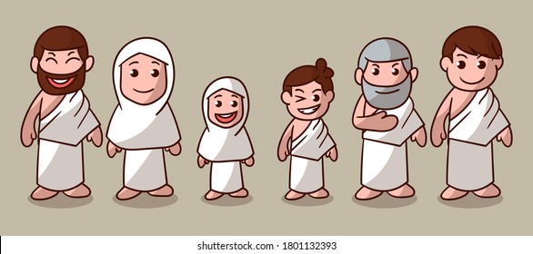 set of cute moslem hajj character with optional apprearance. premium kawaii vector