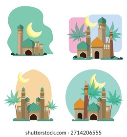 Conjunto de linda ilustración de mezquita con Vector de estilo de colores pastel. diseño de edificio islámico