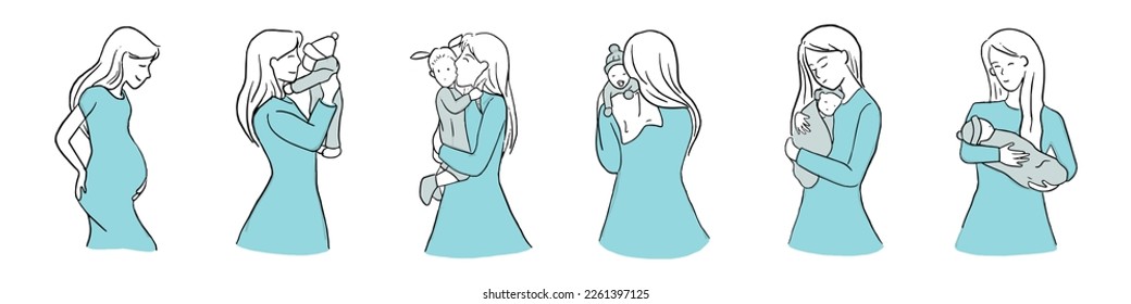 set of cute mother and newborn baby, child. full of love and care. Mom and child embracing each other. isolated vector flat illustration.
