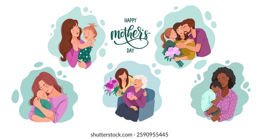 Set of cute Mothers Day illustrations isolated on white background. Vector illustration