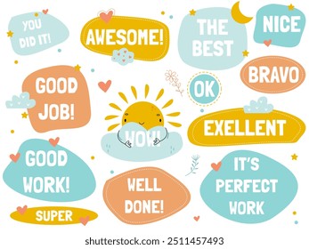 a set of cute motivating phrases in bright colors on a white background