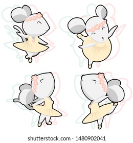 Set of Cute mouse ballerina dancing on a white background. illustration, for postcards, notebooks, magnets and other. Ready print for your design. In a cartoon style. With glitch effect, Vector