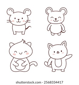 Set of Cute Mouse Cat Dog Animal Doodle Cartoon Character in Line Art Design