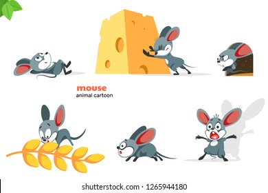 Set of cute mouse character with different action poses, isolated on white background
