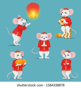 Set of cute mouse dressed in a Chinese costume with a sky lantern, tangerines and Chinese money in cartoon style
