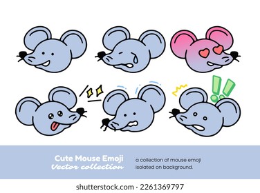 Un conjunto de lindos emojis del ratón alegando, mostrando amor, llanto y mostrando shock, aislados en una ilustración vectorial de fondo.