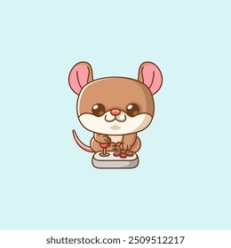 set Cute mouse Gamer Playing Game with joystick kawaii chibi character mascot illustration outline style design
