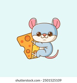 set Cute mouse hug cheese  hanging kawaii chibi character mascot illustration outline style