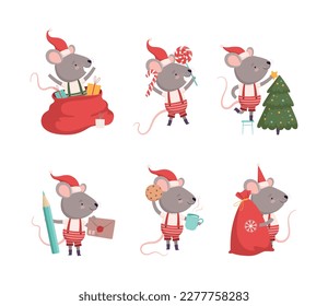 Set of cute mouse in Santa Claus cap decorating fir tree, drinking tea, carrying bag of gifts present. New Year and Christmas symbol. cartoon vector illustration