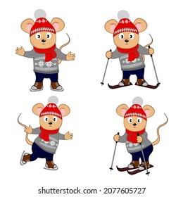 A set of cute mouse skiing and skating in different poses. Cartoon vector illustration for children