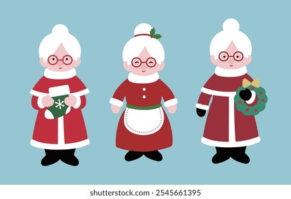 Set of cute Mrs Claus flat vector  illustration.
Christmas santa claus wife cartoon.