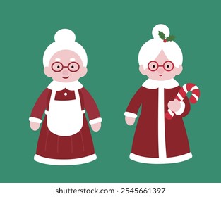 Set of cute Mrs Claus flat vector  illustration.
Christmas santa claus wife cartoon.