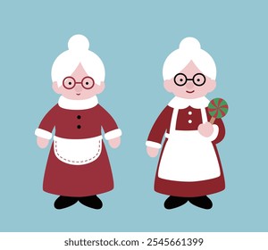 Set of cute Mrs Claus flat vector  illustration.
Christmas santa claus wife cartoon.