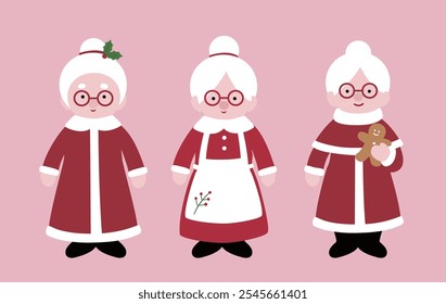 Set of cute Mrs Claus flat vector  illustration.
Christmas santa claus wife cartoon.