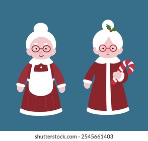 Set of cute Mrs Claus flat vector  illustration.
Christmas santa claus wife cartoon.