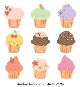 Set of cute muffins and cupcakes in vector