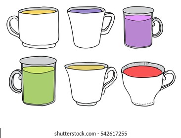 set of cute mug and cup in doodle style. Vector illustration.