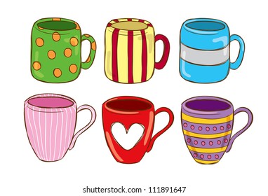 Set Of Cute Mug In Doodle Style