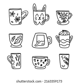 set of cute mug in doodle style isolated on white background.