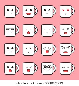 Set of cute mug emoticon cartoon icon vector illustration. Design isolated on pink. Flat cartoon style.