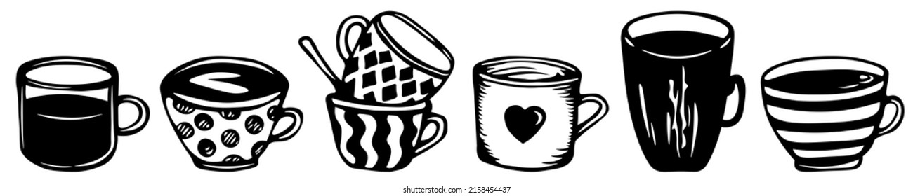 Set of cute mugs in doodle style. Vector hand drawing illustrations.