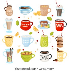 Set of cute mugs with hot cocoa, coffee, tea. Christmas and New Year hot drinks collection cartoon vector