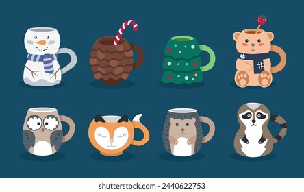 Set of cute mugs in the shape of animals. Cups for children in Christmas theme. Vector set of ceramics elements in cartoon style. Snowman, Christmas tree, pine cone. 