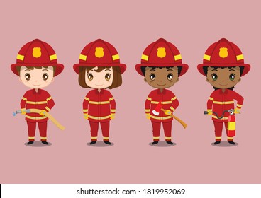 set of cute multi racial cartoon kids wearing firefighter uniforms