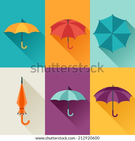 Set of cute multicolor umbrellas in flat design style.