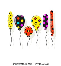 Set of cute multicolored balloons in doodle style. Funny bright clipart. Art concept. Vector illustration for website banner, kid's room poster, gifts card, party invitation backdrop, t-shirt print